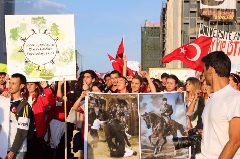 Protestors marching through Taksim Square.