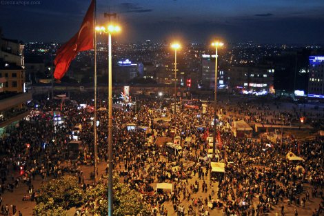 Thousands of people fill Taksim Square.